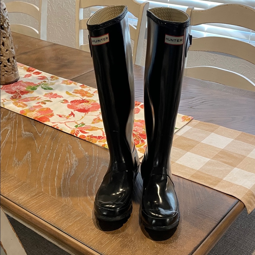 Hunter Glossy Black Knee-High Boots
